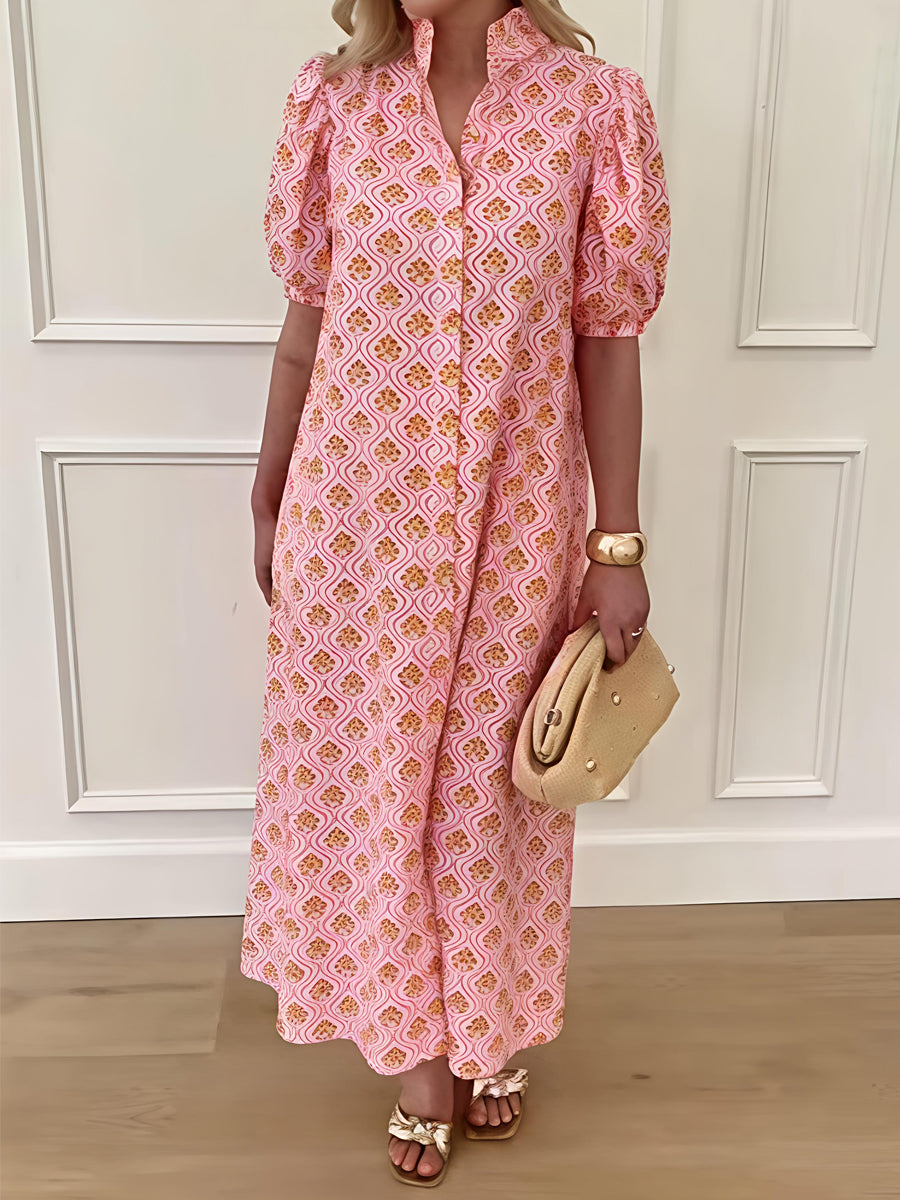 Printed Ruffle Collar Puff Sleeve Maxi Dress