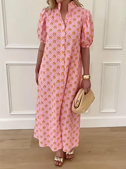 Printed Ruffle Collar Puff Sleeve Maxi Dress