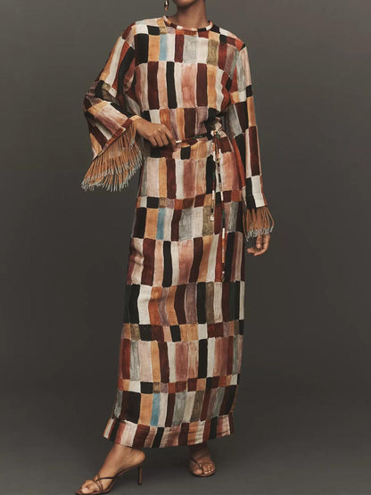 Tassel-Trim Cuff Printed Maxi Dress