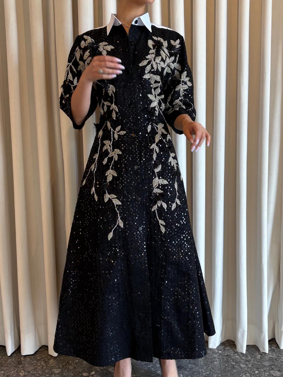 Sequin Shirt Collar Midi Dress