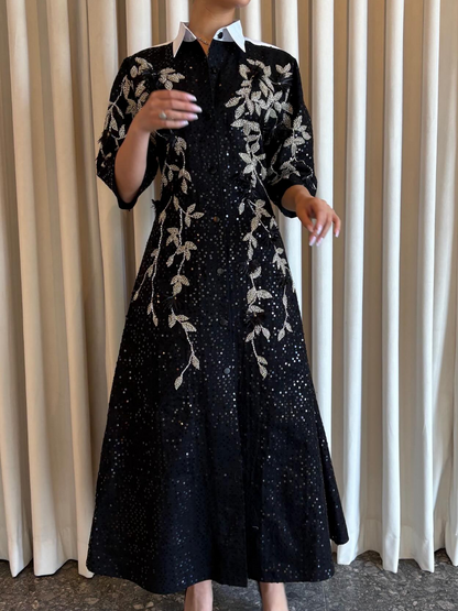 Sequin Shirt Collar Midi Dress