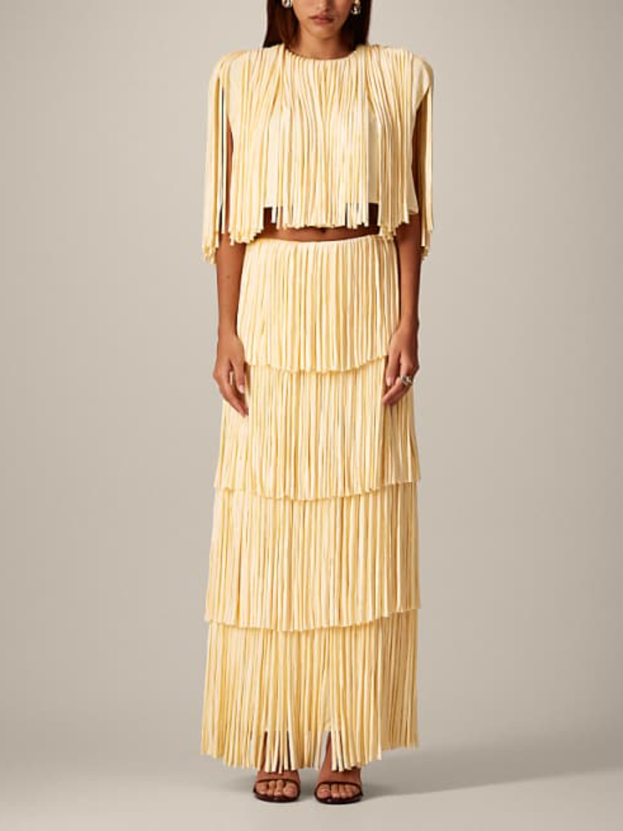 Cream Yellow Tassel Layered Dress Set