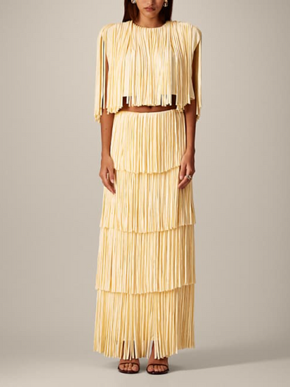 Cream Yellow Tassel Layered Dress Set