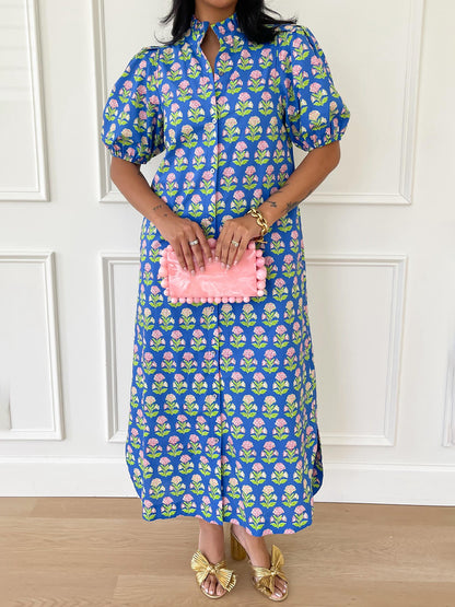 Floral Print Ruffled Neck Short Puff Sleeves Maxi Dress