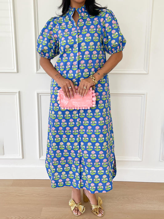 Floral Print Ruffled Neck Short Puff Sleeves Maxi Dress