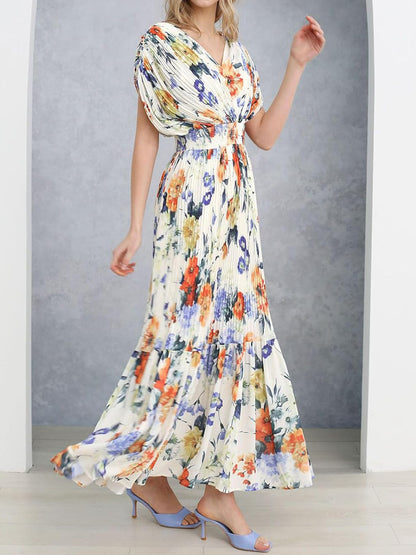 Fashion V-Neck Printed Elastic Waist Pleated Vacation Dress