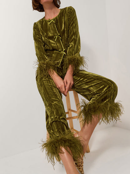 Feather Cuff Velvet Two Piecees Set