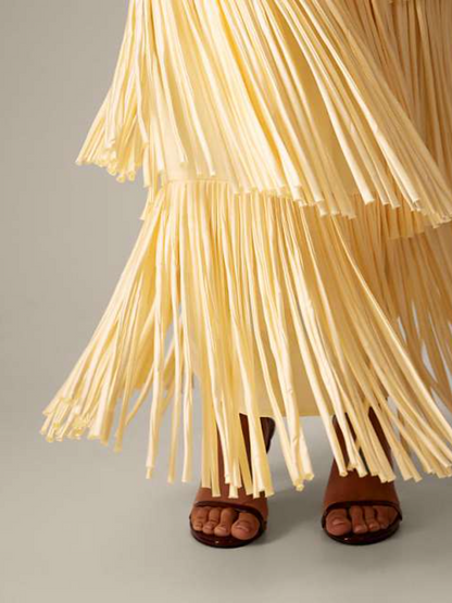 Cream Yellow Tassel Layered Dress Set