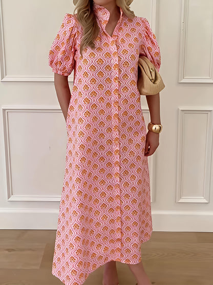 Printed Ruffle Collar Puff Sleeve Maxi Dress