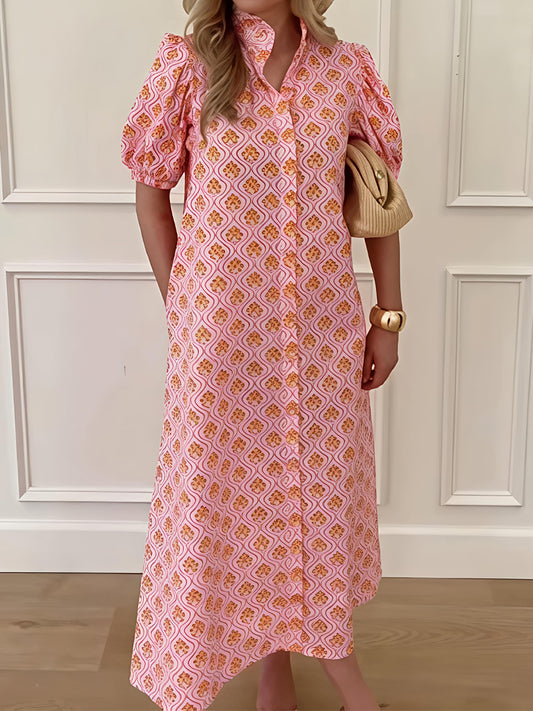 Printed Ruffle Collar Puff Sleeve Maxi Dress