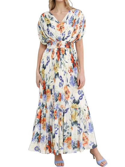 Fashion V-Neck Printed Elastic Waist Pleated Vacation Dress