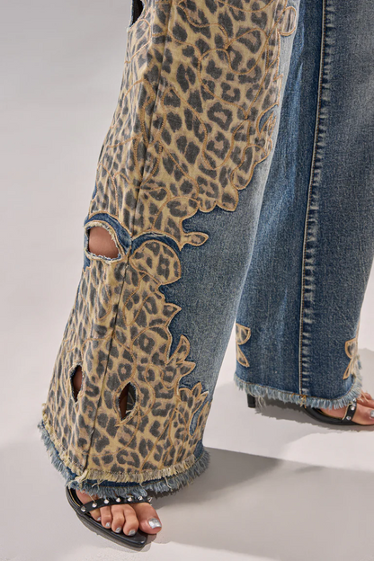 Leopard-print patchwork jeans
