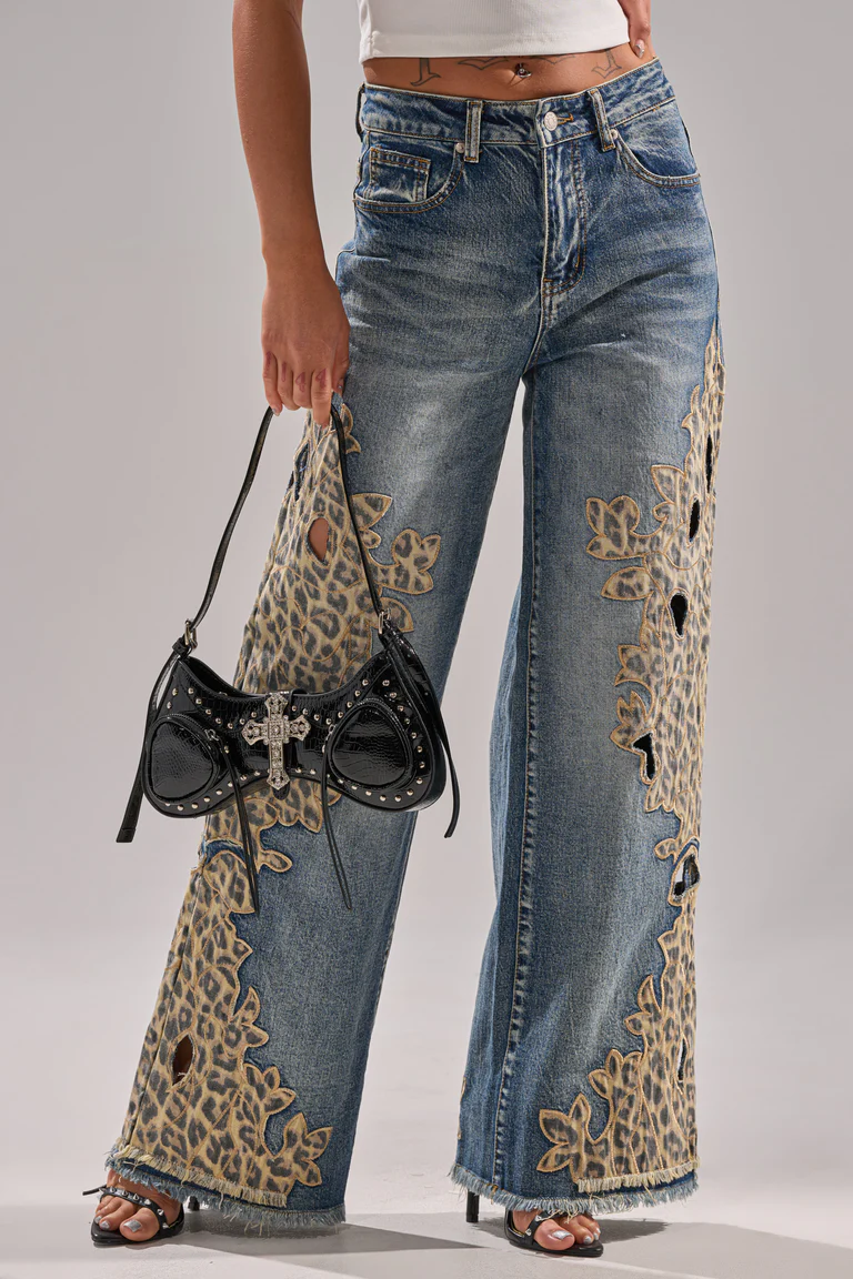 Leopard-print patchwork jeans