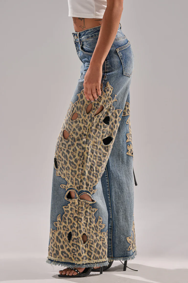 Leopard-print patchwork jeans