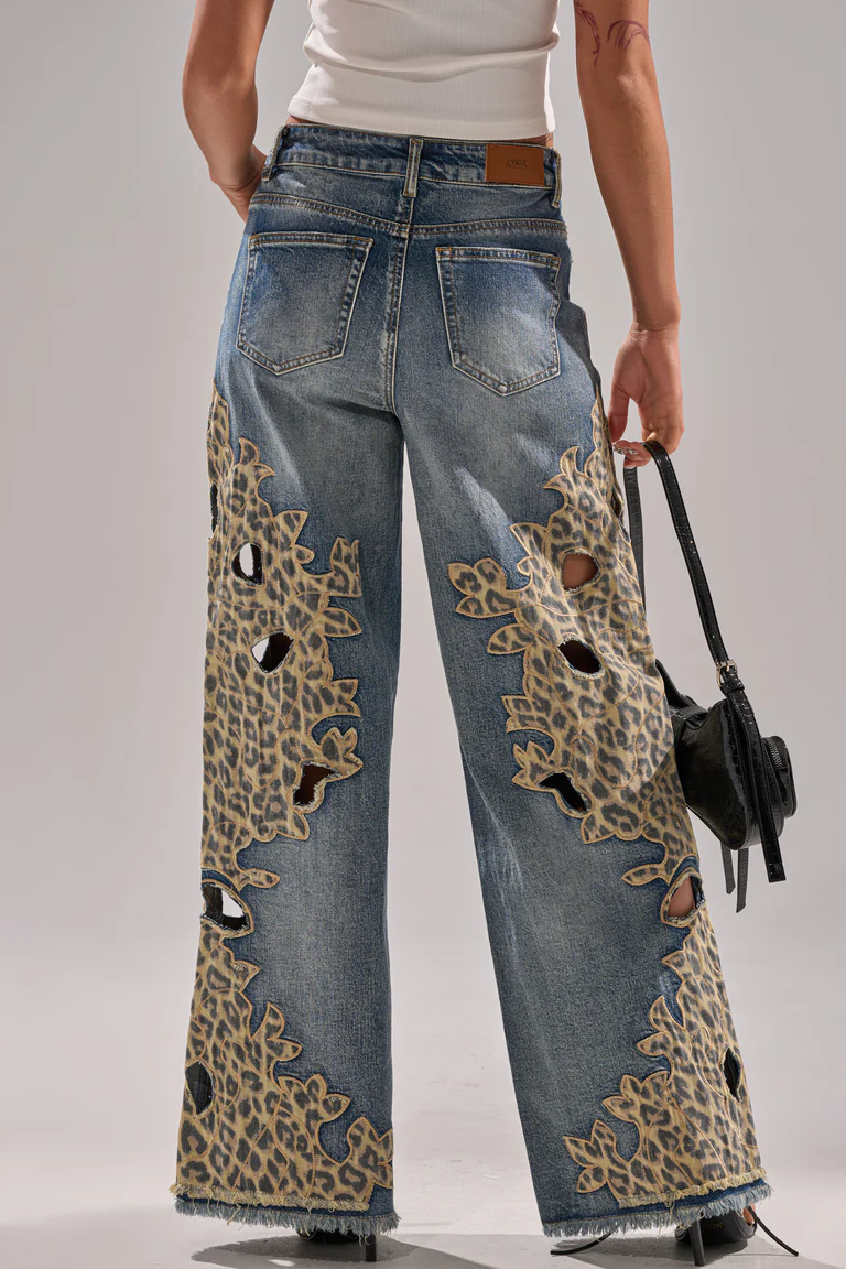 Leopard-print patchwork jeans