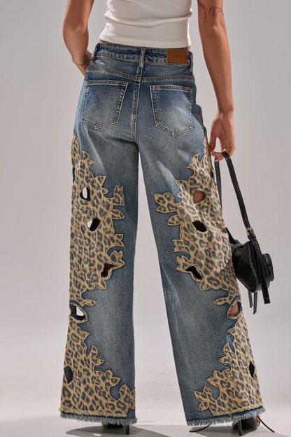 Leopard-print patchwork jeans