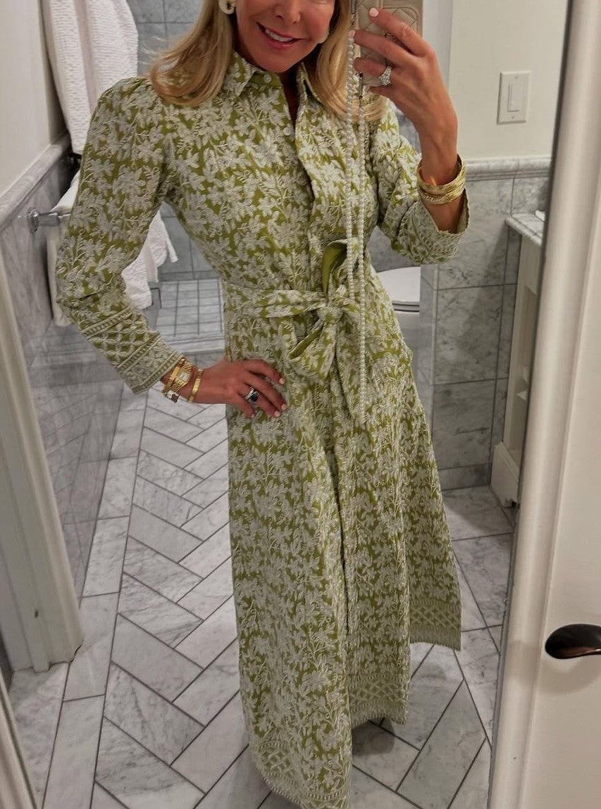 （Clearance Sale）🔥Green Hand Printed Maxi Dress with Belt