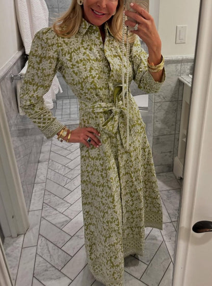 （Clearance Sale）🔥Green Hand Printed Maxi Dress with Belt