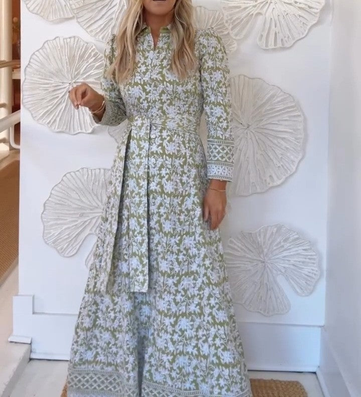 （Clearance Sale）🔥Green Hand Printed Maxi Dress with Belt