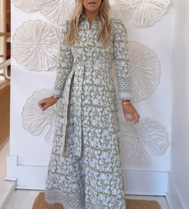 （Clearance Sale）🔥Green Hand Printed Maxi Dress with Belt