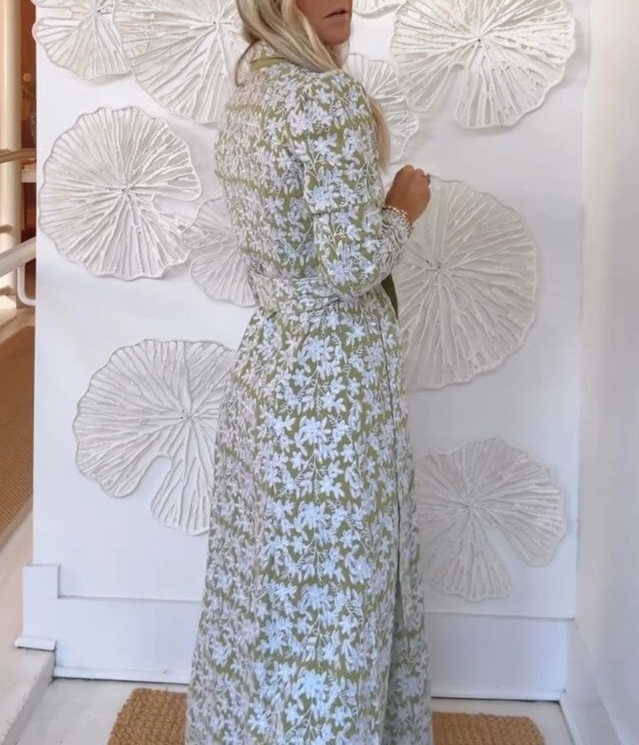 （Clearance Sale）🔥Green Hand Printed Maxi Dress with Belt