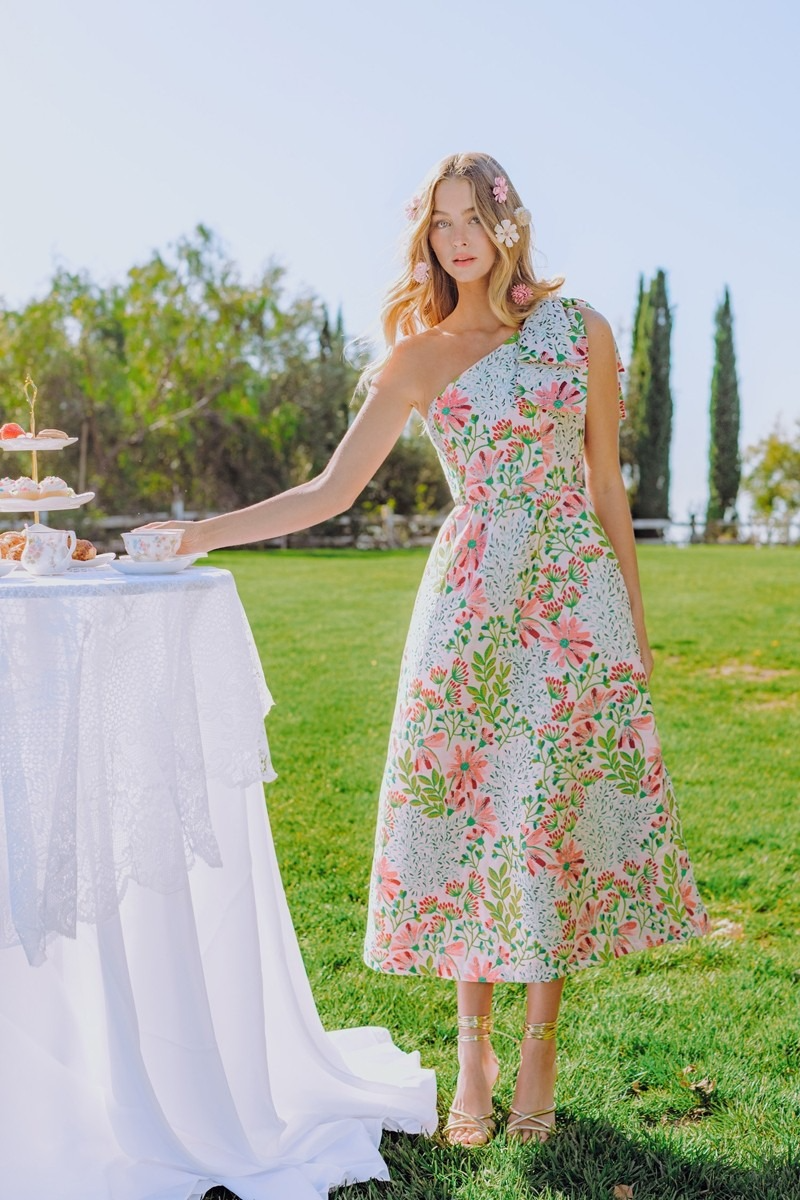 Rosey Glow Jacquard One Shoulder Midi Dress