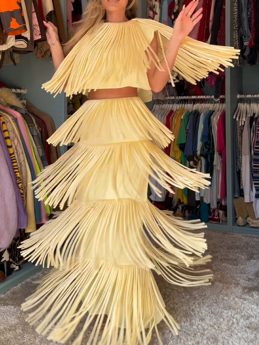 Cream Yellow Tassel Layered Dress Set
