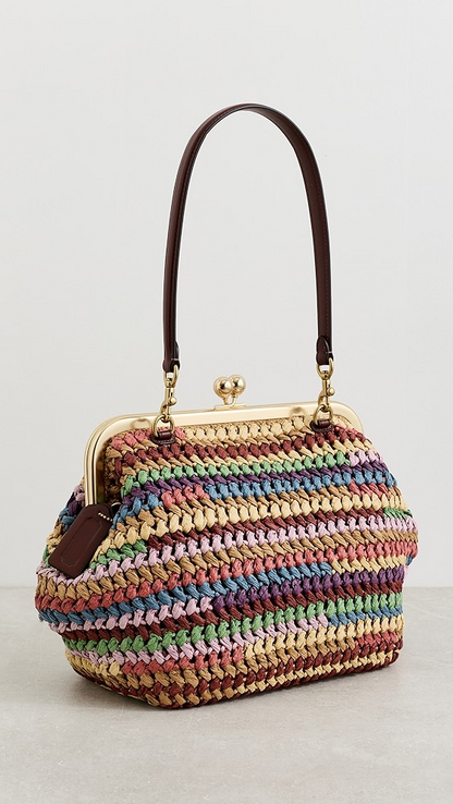 Rainbow Large Weave Straw Kisslock Frame Bag