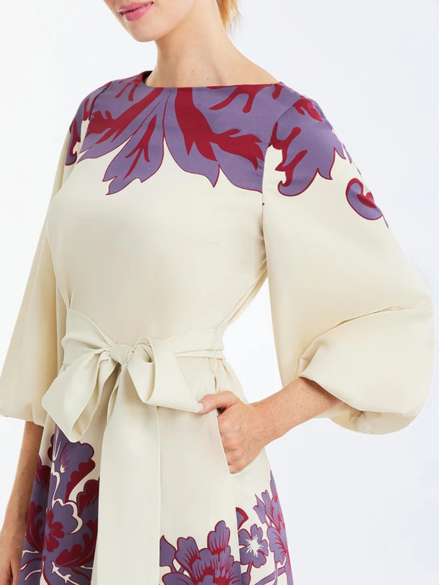 A- Line Crewneck Puff Sleeve Dress